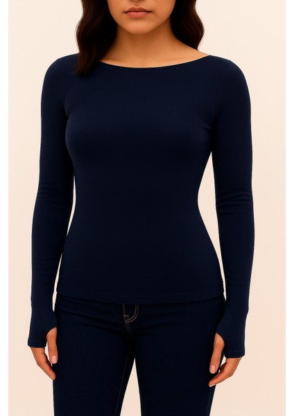 Yumuşak Dokulu Pamuk Dokuma Uzun Kol Prenses Kayık Yaka Parmak Geçmeli Body Modal T-Shirt modelleri