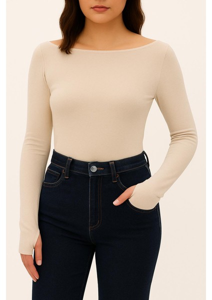 Yumuşak Dokulu Pamuk Dokuma Uzun Kol Prenses Kayık Yaka Parmak Geçmeli Body Modal T-Shirt