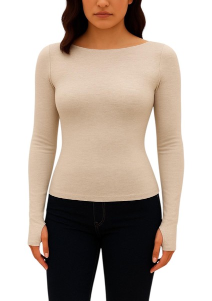 Yumuşak Dokulu Pamuk Dokuma Uzun Kol Prenses Kayık Yaka Parmak Geçmeli Body Modal T-Shirt modelleri