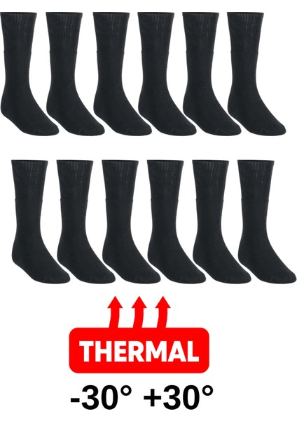 12’li Thermal Siyah Havlu Dokuma Çorap Seti – Topuksuz, 35–50 Numara Uyumlu, Asker ve Sivil Kullanım (-30°c / +30°c)