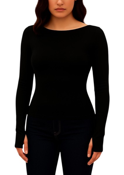 Yumuşak Dokulu Pamuk Dokuma Uzun Kol Prenses Kayık Yaka Parmak Geçmeli Body Modal T-Shirt
