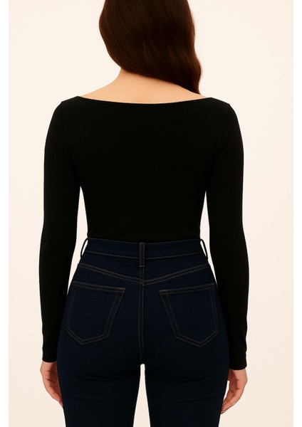 Yumuşak Dokulu Pamuk Dokuma Uzun Kol Prenses Kayık Yaka Parmak Geçmeli Body Modal T-Shirt fiyatları