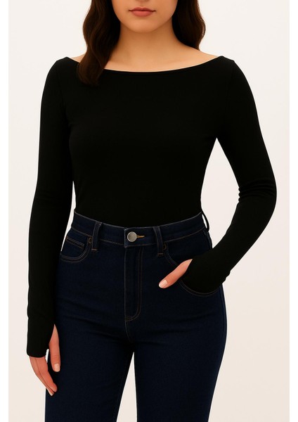 Yumuşak Dokulu Pamuk Dokuma Uzun Kol Prenses Kayık Yaka Parmak Geçmeli Body Modal T-Shirt modelleri