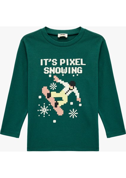 Pamuklu Uzun Kollu Bisiklet Yaka Yılbaşı Baskılı Yılbaşı Tişört