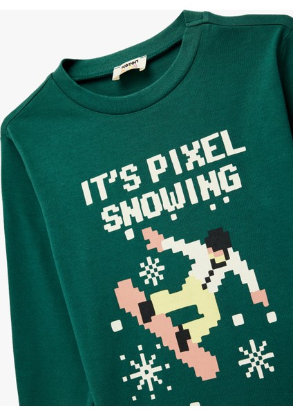 Pamuklu Uzun Kollu Bisiklet Yaka Yılbaşı Baskılı Yılbaşı Tişört modelleri