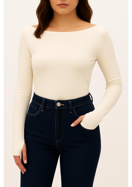Yumuşak Dokulu Pamuk Dokuma Uzun Kol Prenses Kayık Yaka Parmak Geçmeli Body Modal T-Shirt