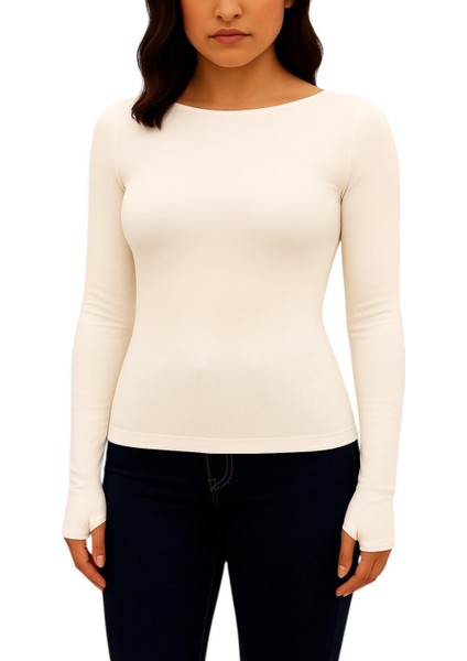 Yumuşak Dokulu Pamuk Dokuma Uzun Kol Prenses Kayık Yaka Parmak Geçmeli Body Modal T-Shirt modelleri