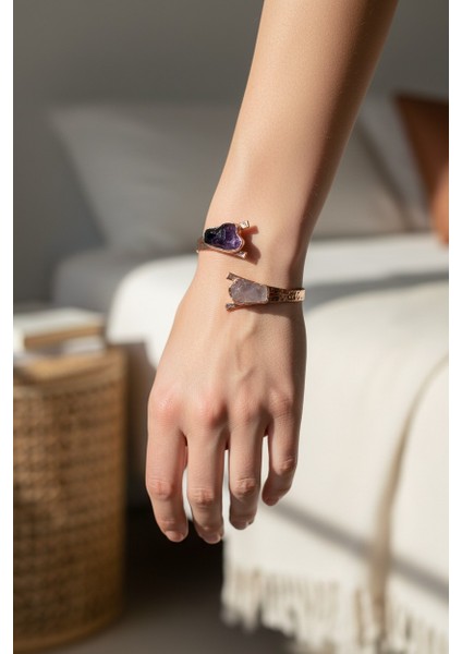 Saf Bakır & Ametist – Gül Kuvars Taşlı Bileklik | Aşk, Denge & Antik Enerji