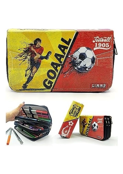 Kalem Kutusu Sarı-Kırmızı Taraftar Organizer Kalemkutu Vegan Deri Üç Bölmeli Kalemlik fiyatları