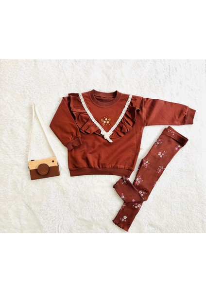 Dantel Fırfır Detaylı Kız Çocuk 2’li Takım – Çiçek Baskılı Ribana Tayt ve Sweatshirt fiyatları