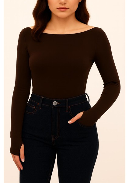 Yumuşak Dokulu Pamuk Dokuma Uzun Kol Prenses Kayık Yaka Parmak Geçmeli Body Modal T-Shirt