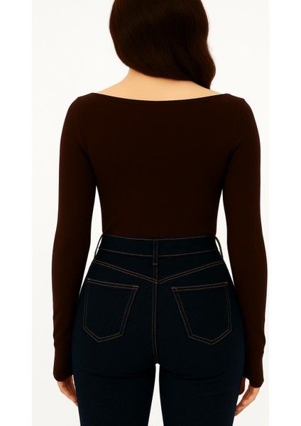 Yumuşak Dokulu Pamuk Dokuma Uzun Kol Prenses Kayık Yaka Parmak Geçmeli Body Modal T-Shirt fiyatları