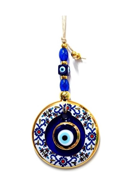 Çini Desenli Nazar Boncuklu Duvar Süsü, Cam El Işçiliği Hediyelik Eşya Altın Yaldızlı Naz