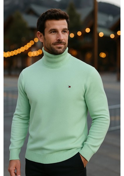 Erkek Günlük Dar Mint Tam Balıkçı Yaka Kazak