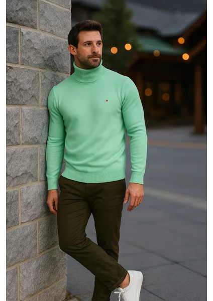 Erkek Günlük Dar Mint Tam Balıkçı Yaka Kazak modelleri