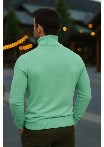 Erkek Günlük Dar Mint Tam Balıkçı Yaka Kazak