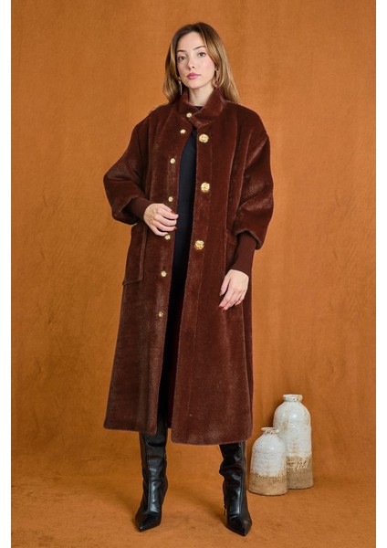 Broş Detaylı Angora Kaban Mont 15231 Kahverengi