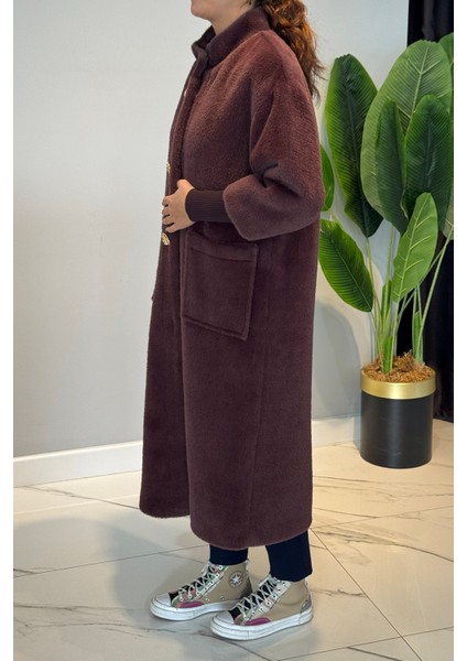 Broş Detaylı Angora Kaban Mont 15231 Kahverengi modelleri