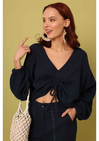 Önü Büzgülü Bluz Lacivert