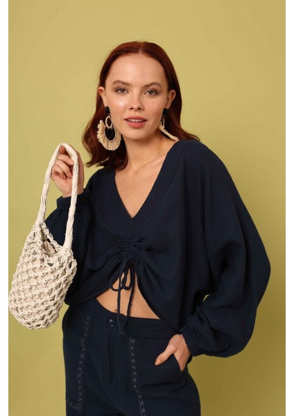 Önü Büzgülü Bluz Lacivert modelleri