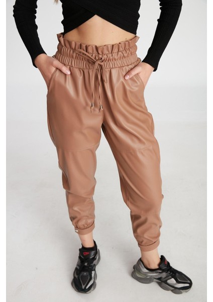 Perry Paçası Çırtçıtlı Deri Pantolon Taba 50222-01