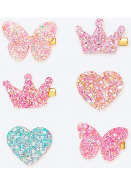 6’lı Simli Kelebek,kalp ve Taç Toka Seti - Renkli Glitter