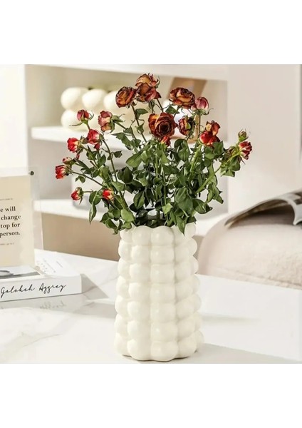 Baloncuklu Beyaz Vazo Bubble Dekoratif Çiçeklik Vazo, Modern Tasarım Baloncuklu Konik Vazo