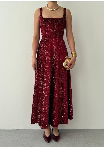 Bordo Pul Payetli Kare Yaka Uzun Abiye Elbise - Işıltılı Davet Elbisesi