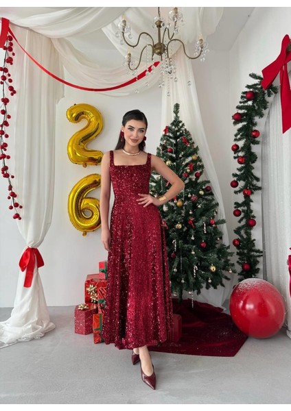 Bordo Pul Payetli Kare Yaka Uzun Abiye Elbise - Işıltılı Davet Elbisesi fiyatları