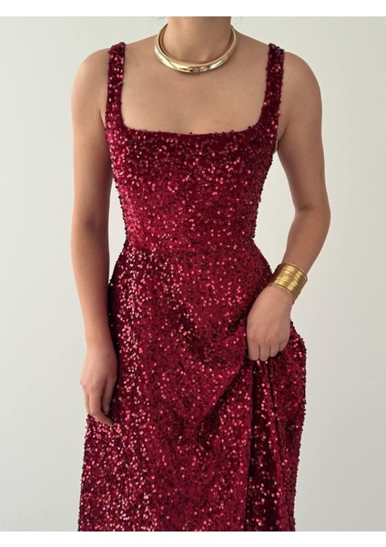 Bordo Pul Payetli Kare Yaka Uzun Abiye Elbise - Işıltılı Davet Elbisesi modelleri