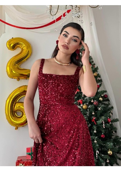 Bordo Pul Payetli Kare Yaka Uzun Abiye Elbise - Işıltılı Davet Elbisesi fırsatları