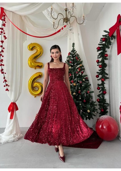 Bordo Pul Payetli Kare Yaka Uzun Abiye Elbise - Işıltılı Davet Elbisesi indirimleri