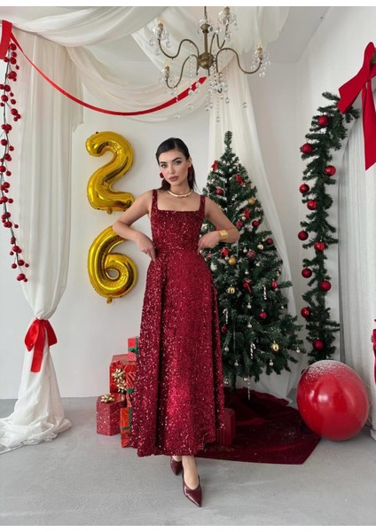 Bordo Pul Payetli Kare Yaka Uzun Abiye Elbise - Işıltılı Davet Elbisesi
