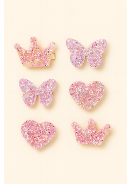 6’lı Simli Kelebek,kalp ve Taç Toka Seti - Renkli Glitter