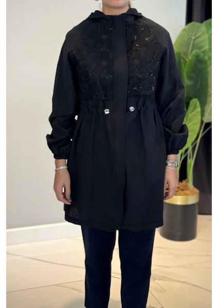 Çiçek Işleme Kapak Detaylı Ceket Kapüşonlu Kap 140098 Siyah