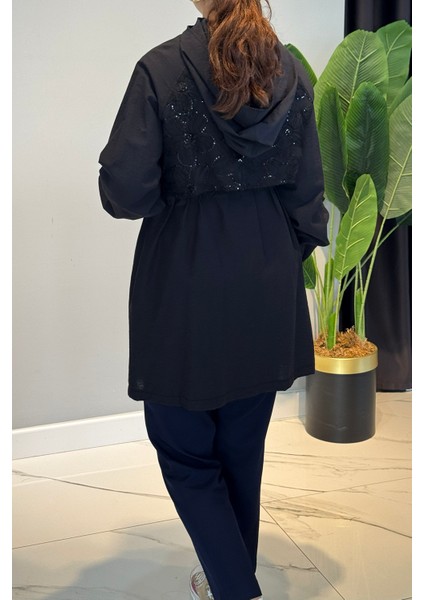 Çiçek Işleme Kapak Detaylı Ceket Kapüşonlu Kap 140098 Siyah modelleri