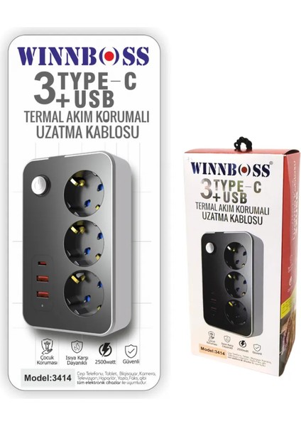 Wınnboss Termal Akım Korumalı 2.1A Şarj Çıkışlı 10A 2 mt USB ve Type-C Şarj Çıkışlı Uzatma Grup Priz