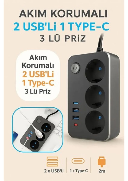 Wınnboss Termal Akım Korumalı 2.1A Şarj Çıkışlı 10A 2 mt USB ve Type-C Şarj Çıkışlı Uzatma Grup Priz fiyatları