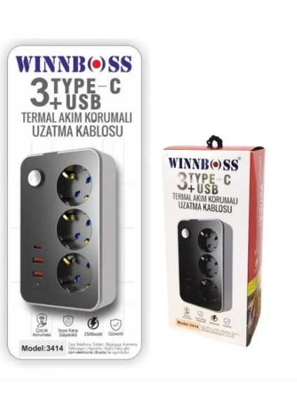 Wınnboss Termal Akım Korumalı 2.1A Şarj Çıkışlı 10A 2 mt USB ve Type-C Şarj Çıkışlı Uzatma Grup Priz fırsatları