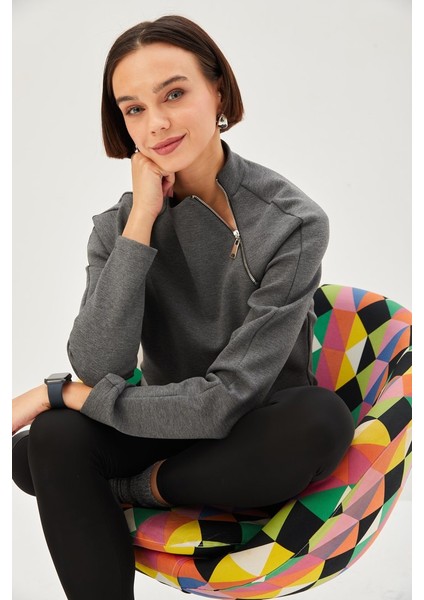 Scuba Kumaş Dik Yaka Fermuar Detaylı Antrasit Regular Örme Sweatshirt