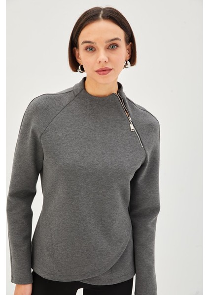 Scuba Kumaş Dik Yaka Fermuar Detaylı Antrasit Regular Örme Sweatshirt modelleri