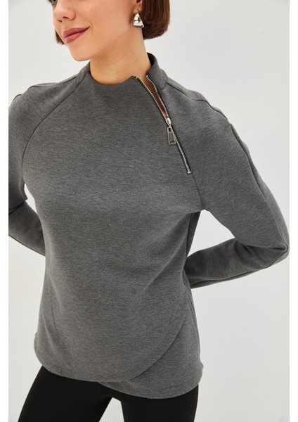 Scuba Kumaş Dik Yaka Fermuar Detaylı Antrasit Regular Örme Sweatshirt fırsatları