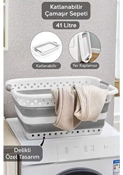 Katlanabilir Silikon Çamaşır Sepeti 40 lt Mega Boy Akordiyon Özellikli