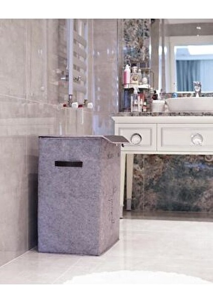 Kapısı 2 Gözlü Çamaşır Sepeti Lüks Keçe Malzemeden Üretilmiş Koyu Gri 60 cm Yükseklik