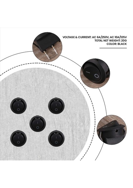 5pcs Spst Siyah Düğmesi Açma/kapalı Yuvarlak Rocker Anahtarı Ac 6A/250V 10A/125V (Yurt Dışından) indirimleri