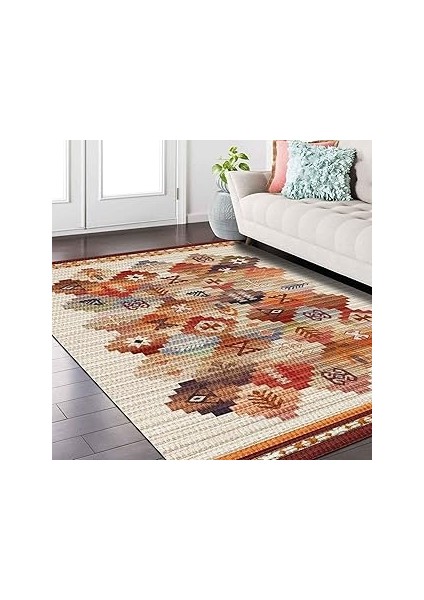 Dizayn Aden Desenli Pamuk Tabanlı Yıkanabilen Kaydırmaz Salon Halısı 80X150