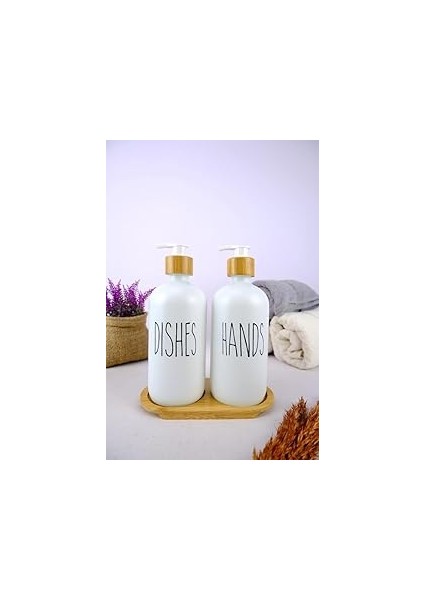 Digithome 2’li Ahşap Standlı Cam Sıvı Sabun ve Bulaşık Deterjanı Şişesi Sabunluk Beyaz 500 ml - G/1