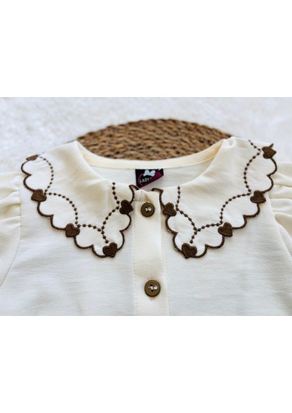 Nakışlı Yakalı Uzun Kollu Kız Çocuk 2’li Etekli Takım – Bluz ve Kemerli Etek Seti