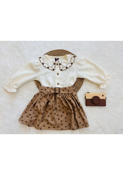 Nakışlı Yakalı Uzun Kollu Kız Çocuk 2’li Etekli Takım – Bluz ve Kemerli Etek Seti fırsatları