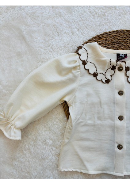 Nakışlı Yakalı Uzun Kollu Kız Çocuk 2’li Etekli Takım – Bluz ve Kemerli Etek Seti